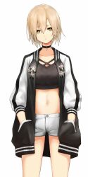 Rule 34 | 1girl, black choker, black jacket, black shirt, blonde hair, breasts, bright pupils, choker, closed mouth, collarbone, cowboy shot, crop top, expressionless, hair between eyes, hands in pockets, highres, indie virtual youtuber, jacket, kushinaka, long sleeves, looking at viewer, maomi yuka, midriff, navel, open clothes, open jacket, shirt, short hair, short shorts, shorts, simple background, solo, stomach, thighs, virtual youtuber, white background, white shorts, white sleeves, yellow eyes