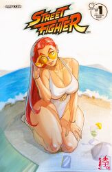 1girl acecore2k adjusting_eyewear bare_shoulders beach between_breasts breasts cover crimson_viper dark-skinned_female dark_skin earrings hair_down highres jewelry large_breasts long_hair one-piece_swimsuit red_hair seiza sitting street_fighter street_fighter_iv_(series) sunglasses swimsuit thick_thighs thighs tinted_eyewear traditional_media very_long_hair