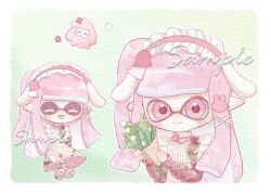 1girl ^_^ animal_ears apron blunt_bangs blunt_ends border bouquet brooch brown_sleeves chibi chinese_commentary closed_eyes closed_mouth commentary_request envelope extra_ears flower flower_brooch frilled_apron frilled_hairband frilled_leg_warmers frilled_skirt frills green_background green_ribbon hair_ornament hair_ribbon hairband happy highres holding holding_bouquet inkling_girl inkling_player_character jewelry lanmeier leg_warmers light_blush lily_of_the_valley lolita_hairband long_hair long_skirt multiple_views nintendo one_side_up outline petals pink_eyes pink_hair pink_hairband pink_leg_warmers pink_skirt pointy_ears rabbit_ears rabbit_hair_ornament ribbon rose_petals shirt shoes skirt sleeve_ribbon smile splatoon_(series) splatoon_3 squid squid_hair_ornament straight_hair tress_ribbon two-tone_ribbon upper_body very_long_hair white_apron white_border white_flower white_outline white_ribbon white_shirt white_shoes