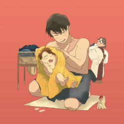 after_bathing barefoot basket bath black_hair blush brown_hair child closed_eyes dripping edosumo_nin gegege_no_kitarou glass grandmother_and_grandson highres kitarou kitarou_tanjou:_gegege_no_nazo mattress mature_male medama_oyaji mizuki_(gegege_no_kitarou) open_mouth parted_hair red_background scar smile topless_female topless_male towel wet wet_hair
