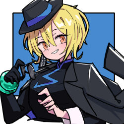 1girl an_apple_akaao black_coat black_dress black_gloves black_hat blonde_hair blue_background border china_dress chinese_clothes cinq_association_east_uniform coat coat_on_shoulders don_quixote_(project_moon) dress earrings gloves hat jade_bracelet jewelry limbus_company long_sleeves looking_at_viewer orange_eyes partially_opaque_sunglasses project_moon round_eyewear short_hair simple_background single_earring single_glove smile solo sunglasses tilted_headwear tinted_eyewear upper_body white_border