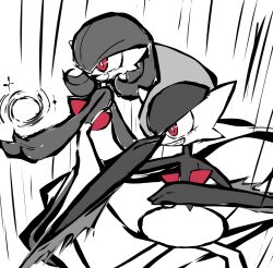 Rule 34 | 1boy, 1girl, arm blade, arm up, bob cut, energy ball, fang, fighting stance, from side, gallade, gardevoir, gen 3 pokemon, gen 4 pokemon, greyscale, grin, hair over one eye, happy, legs apart, mohawk, monochrome, monya, nintendo, one eye covered, open mouth, pokemon, pokemon (creature), red eyes, short hair, sketch, skin fang, smile, sparkle, spot color, standing, teeth, weapon, white background