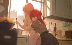 2girls apron aqua_eyes ass back black_skirt blurry blurry_foreground blush bocchi_the_rock! building closed_eyes closed_mouth commentary_request gotoh_hitori gotoh_hitori_(tsuchinoko) highres hug hug_from_behind kita_ikuyo kitchen long_hair milktea_(gggrrr2000) multiple_girls naked_apron pink_hair red_hair sailor_collar school_uniform serafuku skirt smile thighs white_apron white_sailor_collar yuri