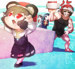 1boy 3girls absurdres animal_ears barefoot black_eyes black_hair blue_hair blush brown_hair cake closed_mouth collarbone cookie_(touhou) food grey_hair hat highres holding holding_plate kumoi_ichirin looking_at_another looking_at_viewer looking_away manatsu_no_yo_no_inmu milk_(cookie) mouse_ears multiple_girls murasa_minamitsu muscular nazrin niwarhythm nyon_(cookie) open_mouth plate red_eyes red_hat santa_hat short_hair smile sugar_(cookie) takuya_(acceed) touhou white_hat