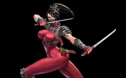1girl angry animated arched_back armor armored_boots ass asymmetrical_armor bead_bracelet beads black_hair bodysuit boots bouncing_breasts bracelet breasts cleavage covered_erect_nipples fighting_stance fingerless_gloves gloves hair_between_eyes hair_ornament hairband highres huge_ass impossible_bodysuit impossible_clothes jewelry knee_boots large_breasts leather_armor long_hair mask multiple_weapons muscular_legs namco official_art oni_mask pauldrons ponytail red_bodysuit sanpaku sheath shoulder_armor skin_tight snk solo soul_calibur soulcalibur soulcalibur_vi sword taki_(soulcalibur) tanto the_king_of_fighters_all-stars toned toned_female video wakizashi weapon