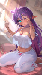 1girl bed breasts camisole cleavage covered_erect_nipples crop_top dark-skinned_female dark_skin highres large_breasts looking_at_viewer momochi_momotan no_bra one_eye_closed pajamas pillow pointy_ears rubbing_eyes see-through_silhouette shantae shantae_(series) solo strap_slip sunlight waking_up