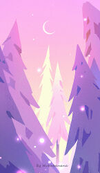 artist_name crescent_moon gradient_sky huhv. moon nature no_humans original outdoors pine_tree pink_sky scenery signature sky snow solo standing star_(sky) tree