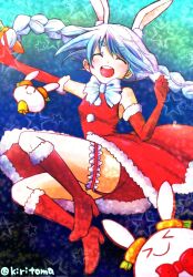 &gt;_&lt; 1girl :d ^_^ ass bare_shoulders bell blue_hair boots braid carrot_hair_ornament closed_eyes closed_mouth commentary_request dress elbow_gloves food-themed_hair_ornament frills fur-trimmed_boots fur-trimmed_dress fur-trimmed_gloves fur_trim gloves hair_ornament highres hololive kiritoma knee_boots long_hair multicolored_hair open_mouth panties pekomon_(usada_pekora) red_boots red_dress red_gloves red_panties round_teeth sleeveless sleeveless_dress smile star_(symbol) teeth thigh_strap twin_braids twintails two-tone_hair underwear upper_teeth_only usada_pekora very_long_hair virtual_youtuber white_hair