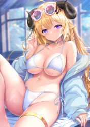 Rule 34 | 1girl, ahoge, animal ears, bikini, blonde hair, blue jacket, blush, breasts, choker, cleavage, eyewear on head, gold thighlet, hair ornament, hairclip, highres, hololive, horns, jacket, jewelry, large breasts, long hair, long sleeves, looking at viewer, navel, open clothes, open jacket, purple eyes, sheep ears, sheep girl, sheep horns, solo, stomach, sunglasses, swimsuit, thighlet, tsunomaki watame, umitonakai, very long hair, virtual youtuber, white bikini