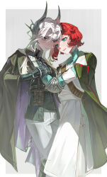 2girls absurdres armband black_cape black_gloves black_jacket blue_eyes blue_shirt border cape coat coat_on_shoulders couter dress feet_out_of_frame gauntlets gloves green_coat grey_background grey_eyes grin hair_ornament hand_on_another&#039;s_shoulder heads_together highres holding_another&#039;s_arm jacket long_dress maila_moguyu marsha_(reverse:1999) military_uniform mole mole_under_eye multiple_girls outside_border pants red_hair reverse:1999 sentinel_(reverse:1999) shirt short_hair shoulder_belt smile teeth white_armband white_border white_dress white_hair white_pants yuri
