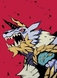 Rule 34 | blue fur, body fur, colored skin, digimon, digimon (creature), fangs, highres, horns, monster hunter (series), red background, red eyes, ridgeone, sharp teeth, simple background, teeth, upper body, yellow skin, zinogarurumon