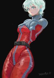 Rule 34 | 1girl, aina saharin, belt, black background, black belt, bodysuit, dated, earrings, from side, gloves, green eyes, green hair, grey gloves, gundam, gundam 08th ms team, hair behind ear, highres, jewelry, light frown, looking ahead, okrdisk2000, pilot suit, red bodysuit, short hair, simple background, solo