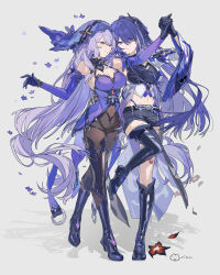 2girls absurdres acheron_(honkai:_star_rail) bare_shoulders belt black_belt black_choker black_collar black_gloves black_pantyhose black_shirt black_shorts black_swan_(honkai:_star_rail) boots breasts choker closed_mouth coat coattails collar commentary_request covered_navel crop_top dancing detached_sleeves dress eye_contact flower full_body gloves grey_background hair_ornament hand_grab highres honkai:_star_rail honkai_(series) knee_boots large_breasts leg_tattoo long_hair looking_at_another midriff multiple_girls navel pantyhose pantyhose_under_shorts parted_lips purple_dress purple_eyes purple_hair purple_sleeves purple_veil red_flower rizu033 shirt shorts simple_background single_knee_boot single_thigh_boot smile tattoo thigh_boots thighs veil very_long_hair white_coat yuri