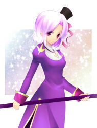 1girl akanegusa black_hat breasts closed_mouth commentary_request cowboy_shot cross cross_necklace dress hat holding holding_staff jewelry juliet_sleeves long_sleeves looking_at_viewer medium_breasts mini_hat mini_top_hat necklace pink_eyes pink_hair priest_(ragnarok_online) puffy_sleeves purple_dress ragnarok_online short_hair smile solo staff top_hat white_background