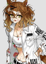 1girl ahoge alternate_costume animal_ears bandaid bandaid_on_arm bandaid_on_face bandaid_on_nose bandeau belt blood blood_on_face breasts brown_hair closed_mouth coat crossed_bangs didi_(whaqlrpwjd) dirty dirty_clothes dirty_face gauze gauze_on_cheek grey_background hair_between_eyes hand_in_pocket highres horse_ears horse_girl horse_tail jewelry jungle_pocket_(umamusume) licking_lips long_sleeves looking_at_viewer medium_hair midriff navel necklace nosebleed notched_ear open_clothes open_coat pants ring ring_necklace shirt simple_background small_breasts solo tail tokkoufuku tongue tongue_out umamusume upper_body white_coat white_pants white_shirt yellow_eyes