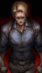 1boy absurdres belt black_belt blonde_hair blue_shirt clenched_hand closed_mouth collarbone collared_shirt commentary cowboy_shot dark_background from_above glasses green-tinted_eyewear grey_pants highres jujutsu_kaisen lips muscular muscular_male nanami_kento pants red_background shirt short_hair soleil_(soleilmtfbwy03) tinted_eyewear