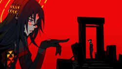 1boy 1girl adler_(signalis) android arch armor black_hair blade_runner_(series) blade_runner_2049 blue_eyes facial_mark falke_(signalis) goslingposting_(meme) halo highres knife knife_in_head laurel_crown long_hair meme object_through_head pointing pointing_at_another signalis xuuikie_ashe