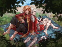1boy 1girl armor armored_boots bare_legs barefoot behind_another black_gloves blonde_hair blurry boots capelet closed_mouth coat commentary couple depth_of_field edelgard_von_hresvelg edelgard_von_hresvelg_(timeskip) elbow_rest english_commentary ferdinand_von_aegir ferdinand_von_aegir_(timeskip) fire_emblem fire_emblem:_three_houses fire_emblem_warriors:_three_hopes gloves grass hair_between_eyes head_tilt headpiece highres knees_up leaning_back leaning_to_the_side light_blush long_sleeves looking_to_the_side nintendo orange_eyes orange_hair outdoors pants pants_rolled_up parted_bangs parted_lips picnic_blanket pink_lips purple_eyes red_capelet red_coat rijinks shade short_hair shoulder_armor sitting sleeves_rolled_up smile tree tree_shade unworn_armor unworn_boots water