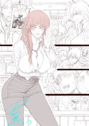 Rule 34 | 4girls, 5boys, absurdres, angel devil (chainsaw man), arm under breasts, ball, baseball (object), beam (chainsaw man), between breasts, black necktie, black pantyhose, black skirt, blush, braid, braided ponytail, breasts, center opening, chainsaw, chainsaw devil, chainsaw man, cigarette, cleavage, commentary request, dated, demon girl, denji (chainsaw man), eyepatch, facial hair, greyscale, grin, hair between eyes, hayakawa aki, higashiyama kobeni, highres, himeno (chainsaw man), horns, jun wu mo, kishibe (chainsaw man), large breasts, long hair, makima (chainsaw man), monochrome, mouth hold, multiple boys, multiple girls, necktie, one eye closed, pantyhose, pochita (chainsaw man), ponytail, power (chainsaw man), red hair, ringed eyes, sharp teeth, short hair, signature, skirt, smile, spot color, stuffed toy, sweat, teeth, tongue, tongue out, v