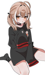 1girl absurdres ahoge animal_print bear_print black_choker black_hair black_ribbon black_shirt black_socks blush brown_eyes brown_hair choker commentary crossed_bangs dot_nose hair_between_eyes hair_intakes hair_ornament hair_ribbon hairpin hana20000920 highres hololive hololive_english lace lace_choker long_hair long_sleeves looking_at_viewer multicolored_hair nanashi_mumei open_mouth oversized_clothes oversized_shirt print_shirt ribbon shirt sidelocks simple_background sitting sleeves_past_fingers sleeves_past_wrists socks solo streaked_hair symbol-only_commentary twintails virtual_youtuber wariza white_background white_hair
