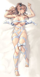 Rule 34 | 1girl, barefoot, bed sheet, blue eyes, blush, breasts, brown hair, commission, full body, hair between eyes, highres, kantai collection, kokuzou, large breasts, long hair, mummy costume, navel, one eye closed, open mouth, saratoga (kancolle), side ponytail, skeb commission, smile, solo, toes
