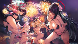 4girls ass azusa_(blue_archive) azusa_(swimsuit)_(blue_archive) beach bikini black_hair blue_archive blush breasts commentary_request constricted_pupils eyewear_on_head fireworks hair_ornament halo hifumi_(blue_archive) hifumi_(swimsuit)_(blue_archive) highres large_breasts long_hair looking_at_viewer low_twintails mashiro_(blue_archive) mashiro_(swimsuit)_(blue_archive) multiple_girls navel night official_alternate_costume official_art open_mouth outdoors partially_visible_vulva red_halo ribbon-trimmed_swimsuit ribbon_trim sand sandals sanpaku short_hair side-tie_bikini_bottom small_breasts swimsuit tomose_shunsaku tsurugi_(blue_archive) tsurugi_(swimsuit)_(blue_archive) twintails white_hair winged_halo wings
