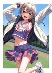 1girl armpit_peek arms_up bare_legs blush border cheerleader commentary_request cropped_shirt flat_chest grey_hair highres idolmaster idolmaster_cinderella_girls jacket looking_at_viewer midriff miniskirt navel nekopuchi open_clothes open_jacket otokura_yuuki outside_border pleated_skirt shirt shoes short_hair skirt sleeveless sleeveless_shirt smile sneakers solo standing standing_on_one_leg v-neck white_border white_jacket white_shoes