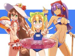 3girls android arm_up ball bandana bandana_around_neck beachball bikini blonde_hair blunt_bangs bow bracelet breasts brown_hair cleavage clenched_teeth cowboy_shot dark-skinned_female dark_skin double_v flower frilled_bikini frills from_side green_eyes hair_bow hair_ornament hair_over_eyes hair_over_one_eye hat headgear headset high_ponytail highres hime_cut holding holding_ball holding_beachball innertube iris_(mega_man) ishigaki_(sora_roxas) jewelry joints large_breasts layer_(mega_man) long_hair looking_at_viewer medium_breasts mega_man_(series) mega_man_x_(series) mega_man_x_dive mole mole_under_eye multiple_girls navel navigator o-ring o-ring_bikini official_alternate_costume open_mouth pink_innertube ponytail purple_hair red_bikini red_scarf robot_ears robot_girl robot_joints roll_(mega_man) scarf school_swimsuit simple_background smile striped_bikini striped_clothes sun_hat sun_hat_ornament swim_ring swimsuit swimsuit_iris_(mega_man) swimsuit_layer_(mega_man) swimsuit_roll_(mega_man) teeth v very_long_hair