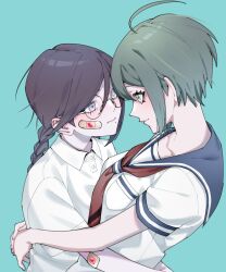 2girls ahoge alternate_costume bandaid bandaid_on_cheek bandaid_on_face breast_pocket breasts brown_hair collared_shirt danganronpa_(series) danganronpa_another_episode:_ultra_despair_girls eye_contact fukawa_toko glasses highres hug ling_yun_(amadare0803) long_hair looking_at_another mole mole_under_mouth multiple_girls naegi_komaru neckerchief pocket red_neckerchief sailor_collar school_uniform shirt short_hair short_sleeves smile white_shirt