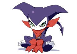 Rule 34 | bandana, bandana around neck, digimon, digimon (creature), fewer digits, full body, gloves, green eyes, impmon, red bandana, red gloves, simple background, sitting, solo, white background, yuzuaccident