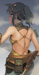 Rule 34 | 1girl, artist name, back, black hair, breasts, brown eyes, commentary, ergot, facing away, from behind, heavy breathing, knife, mask, mask on head, monster hunter (character), monster hunter (series), monster hunter wilds, pants, ponytail, sidelocks, signature, small breasts, solo, steam, steaming body, sweat, sweatdrop