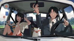 1boy 1girl :d arm_behind_head bandaid bandaid_on_face bandaid_on_knee bandaid_on_leg black_hair black_necktie blue_jacket book car cloud grey_eyes hair_between_eyes hand_up highres holding_steering_wheel jacket knees_up lan_(ngtblan) long_sleeves looking_to_the_side maneki-neko medium_hair motor_vehicle necktie open_book open_mouth original red_shorts road_sign seatbelt shirt short_hair short_sleeves shorts sign sitting smile teeth upper_teeth_only white_shirt wing_collar