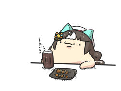 animal_ears arrow_(symbol) beer_mug beret bow braid brown_hair closed_mouth cup food_request goma_(gomasamune) hair_bow hat highres hokko_tarumae_(umamusume) horse_ears long_hair low_twintails mug multicolored_hair simple_background solid_circle_eyes solo star_(symbol) striped_bow translation_request twin_braids twintails twitter_username two-tone_hair umamusume upper_body white_background white_hair white_hat
