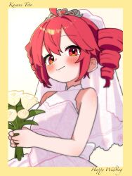 1girl bare_shoulders blush border bouquet bride character_name closed_mouth dress drill_hair flower haru_maron highres holding holding_bouquet holding_flower kasane_teto looking_at_viewer red_eyes red_hair simple_background sleeveless sleeveless_dress solo twin_drills upper_body utau veil wedding_dress yellow_border