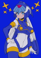 Rule 34 | 1girl, absurdres, android, blue background, blue eyes, blue headwear, blue helmet, breasts, buzzlyears, covered navel, crop top, crotch plate, fairy leviathan (mega man), helmet, highres, large breasts, looking at viewer, mega man (series), mega man zero (series), simple background, solo, star (symbol), upper body