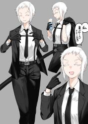 1girl absurdres closed_eyes colored_eyelashes food formal_clothes fuku_(fuku12290574) gloves highres ice_cream katana necktie original scar sheath sheathed short_hair simple_background soft_serve suit sword translated weapon white_hair