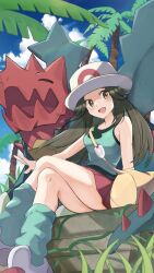 1girl claws creatures_(company) dragon druddigon game_freak gen_5_pokemon hat highres leaf_(pokemon) long_hair looking_at_viewer nintendo open_mouth pokemon pokemon_(creature) pokemon_frlg red_skirt skirt smile tank_top teeth umiru white_hat yellow_bag yellow_eyes