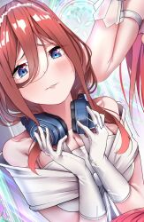 Rule 34 | 1girl, 5hibu05, bare shoulders, blue eyes, blush, breasts, breasts squeezed together, bridal veil, bride, cleavage, collarbone, commentary, dress, gloves, go-toubun no hanayome, hair between eyes, hands up, headphones, headphones around neck, highres, jewelry, large breasts, long hair between eyes, nakano miku, off-shoulder dress, off shoulder, official alternate costume, parted lips, red hair, ring, solo focus, upper body, veil, wedding dress, wedding ring, white dress, white gloves