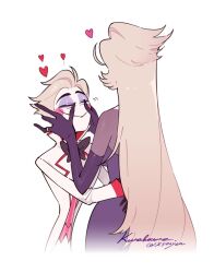 Rule 34 | 1boy, 1girl, blonde hair, blush stickers, commentary, couple, demon boy, demon girl, english commentary, english text, hair slicked back, hazbin hotel, hetero, husband and wife, k500yen, lilith (hazbin hotel), looking at another, lucifer morningstar (hazbin hotel)