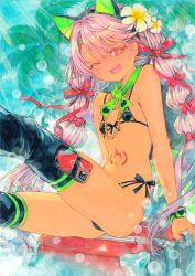 Rule 34 | 1girl, :d, animal ears, arm support, bare arms, bare legs, bare shoulders, bead bracelet, bead necklace, beads, bikini, black bikini, black thighhighs, blush, bow, bracelet, braid, breasts, cat ears, cellphone, chikinan tarou, chloe von einzbern, chloe von einzbern (swimsuit avenger) (second ascension), collarbone, dark-skinned female, dark skin, detached leggings, fake animal ears, fate/grand order, fate (series), flower, front-tie bikini top, front-tie top, full body, hair between eyes, hair bow, hair flower, hair ornament, hairband, highres, jewelry, long hair, looking at viewer, low twin braids, multicolored bikini, multiple hair bows, navel, necklace, one eye closed, open mouth, orange eyes, outdoors, painting (medium), palm leaf, palm tree, phone, pink hair, red bow, red ribbon, ribbon, separated legs, sitting, sky, small breasts, smile, solo, stomach tattoo, suitcase, summer, sunlight, swimsuit, tattoo, thighhighs, thighs, traditional media, tree, twin braids, two-tone bikini, two-tone legwear, watercolor (medium), yellow flower
