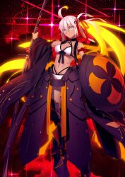 Rule 34 | 1girl, ahoge, armor, armored boots, armored skirt, bikini, black armor, black boots, black sleeves, blunt ends, boots, bow, bow bikini, breasts, chinese knot, cleavage, closed mouth, detached sleeves, diffraction spikes, fate/grand order, fate (series), front-tie bikini top, front-tie top, frown, game cg, glowing, glowing hair, grey eyes, hair between eyes, hair ornament, halterneck, hand up, holding, holding shield, holding sword, holding weapon, huge weapon, katana, long hair, long sleeves, looking at viewer, medium breasts, multi-strapped bikini bottom, multi-strapped bikini top, official art, okita souji (fate), okita souji alter (swimsuit saber) (fate), okita souji alter (swimsuit saber) (third ascension) (fate), orange hair, platform boots, ponytail, red background, sheath, sheathed, shield, sidelocks, solo, standing, swimsuit, sword, takeuchi takashi, tassel, third-party source, underboob, v-shaped eyebrows, very long hair, weapon, white bikini, white hair, wide sleeves