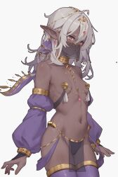 1girl absurdres arabian_clothes armlet breasts cameltoe covered_erect_nipples dancer dark_elf dark_skin earrings elf g-string gem gold_trim harem_outfit head_chain highres jewelry long_hair long_sleeves mouth_veil navel neck_ring original pelvic_curtain pointy_ears puffy_long_sleeves puffy_sleeves red_eyes revealing_clothes see-through_clothes simple_background skinny small_breasts solo thighhighs thighs thong txooxt veil white_background white_hair