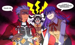 1boy 2girls archer_(fate) black_hair black_shirt black_skirt bow bowtie brown_vest coat collared_shirt commentary cowboy_shot english_commentary english_text fate/stay_night fate_(series) hair_ribbon hands_on_own_head heaven&#039;s_feel highres long_hair mahjong mahjong_soul mahjong_tile matou_sakura multiple_girls o_o purple_hair red_background red_bow red_bowtie red_coat red_ribbon ribbon shaded_face shirt short_hair skirt smile tohsaka_rin twintails vest white_shirt yehlawd