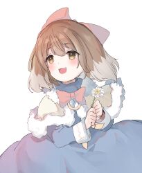 1girl absurdres animal_ears blue_dress bow bow_alma brown_eyes brown_hair capelet dog_ears dog_girl dress emil_chronicle_online flower hair_bow highres holding holding_flower horingen open_mouth red_ribbon ribbon white_background