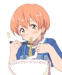 1girl blue_shirt blush bowl chopsticks earrings eating food highres holding holding_chopsticks holding_spoon hoshizora_rin jewelry looking_at_viewer love_live! love_live!_school_idol_project noodles orange_hair ramen sen_(sen0910) shirt short_hair short_sleeves simple_background solo spoon tears white_background yellow_eyes
