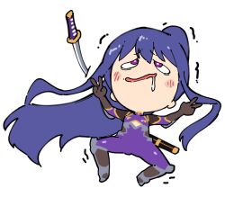 1girl ahegao akiyama_rinko blue_hair blush_stickers bodysuit breasts chibi cleavage_cutout clothing_cutout derp_face full_body high_ponytail long_hair lying nipples on_back parody ponytail purple_bodysuit purple_eyes rolling_eyes shiny_clothes smile taimanin_(series) taimanin_suit taimanin_yukikaze taimanun transparent_background trembling v very_long_hair wavy_mouth