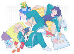 2boys aqua_track_suit barefoot black_hair black_shirt blanca_(fate) blue_eyes book bubble_tea can chips_(food) closed_eyes couch donut double_vertical_stripe drink_can dual_persona fate/grand_order fate_(series) flower_pot food full_body glasses grid_background hair_bun highres holding holding_book jacket long_sleeves lying multiple_boys nintendo_switch oberon_(fate) oberon_(third_ascension)_(fate) on_back on_couch oneroom-disco open_clothes open_jacket open_mouth pants pocky potato_chips shirt sitting socks table track_suit white_hair white_socks