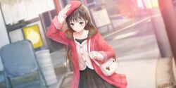 1girl azumi_nanaka bag beret black_dress black_hair blue_reflection_(series) blue_reflection_sun blurry blurry_background blush camisole city coat collarbone day dress fur-trimmed_coat fur_trim game_cg grey_eyes hair_down hand_on_headwear hand_up handbag hat highres kishida_mel long_hair long_sleeves looking_at_viewer non-web_source official_art outdoors red_coat red_hat road sleeves_past_wrists solo straight_hair street upper_body urban white_bag white_camisole