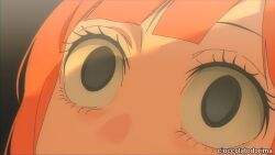1girl black_eyes blurry blurry_background cioccolatodorima daughter_(yoru_mac) eye_focus highres horrified horror_(theme) mcdonald&#039;s orange_hair parody portrait scared short_hair solo wide-eyed yoru_mac