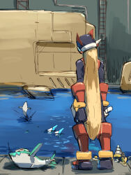 1boy 1girl armor blonde_hair fairy_leviathan_(mega_man) from_behind helmet highres lake long_hair mega_man_(series) mega_man_zero_(series) omochi_(mochi_skymega) red_armor red_helmet standing zero(z)_(mega_man) zero_(mega_man)